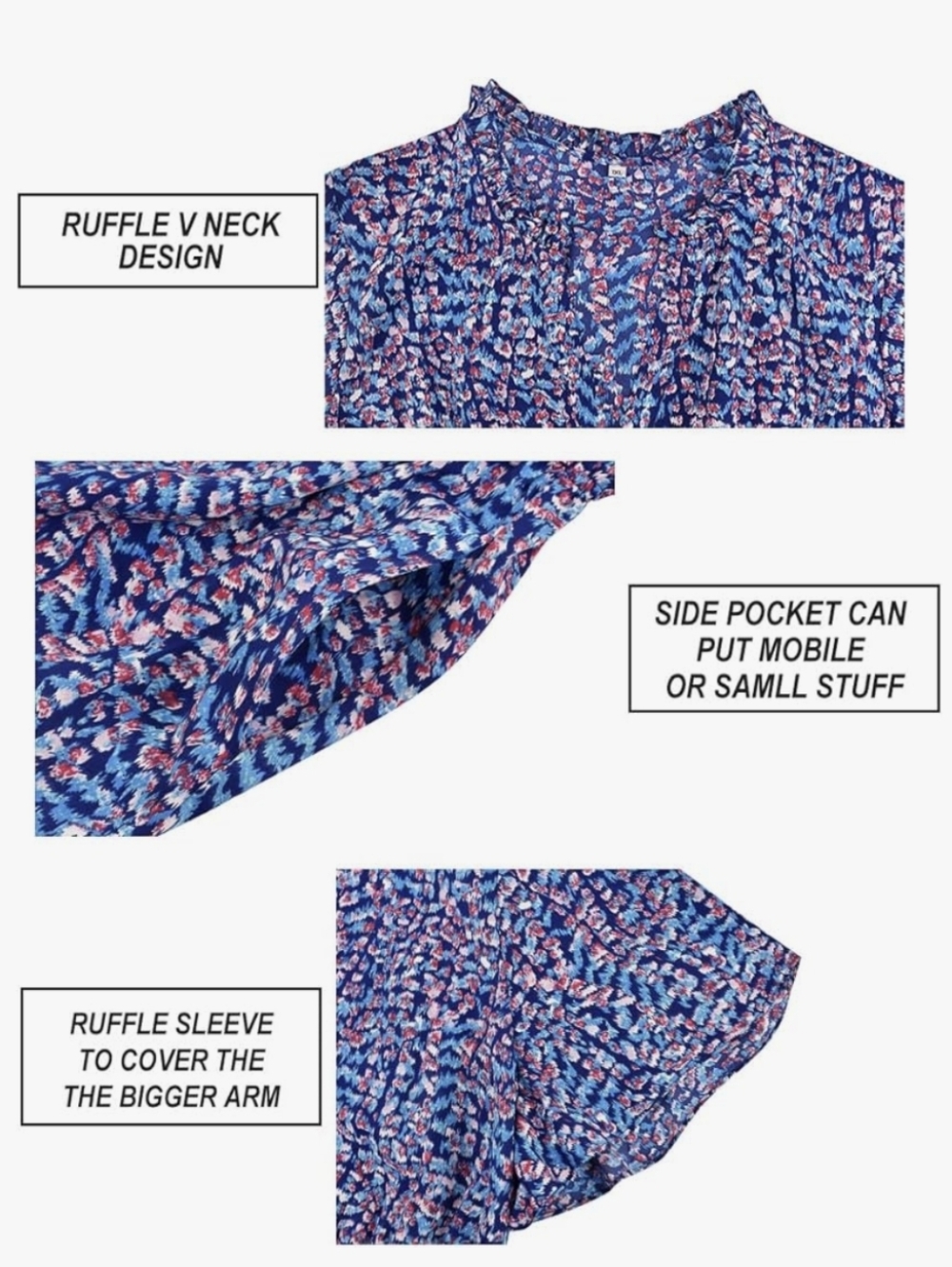 Blue Floral Midi Dress with Smocked Waist - Picture 3 of 5